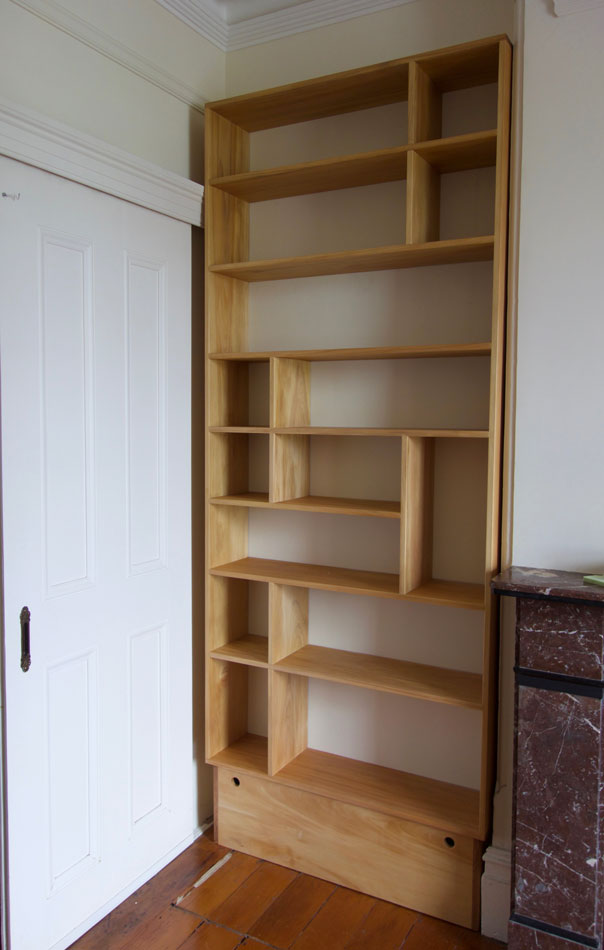 Kauri pine bookshelves custom made forfireplace recess
