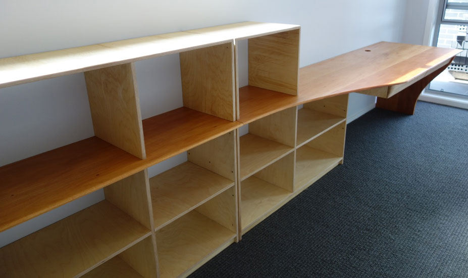 Birch ply and mahogany desk and shelves combination