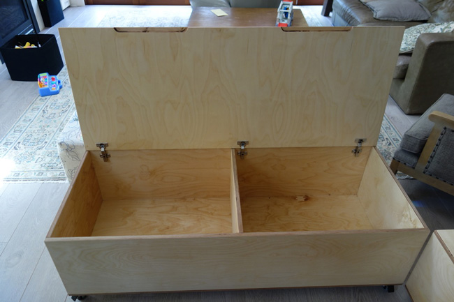 birch plywood storage bench, inside view